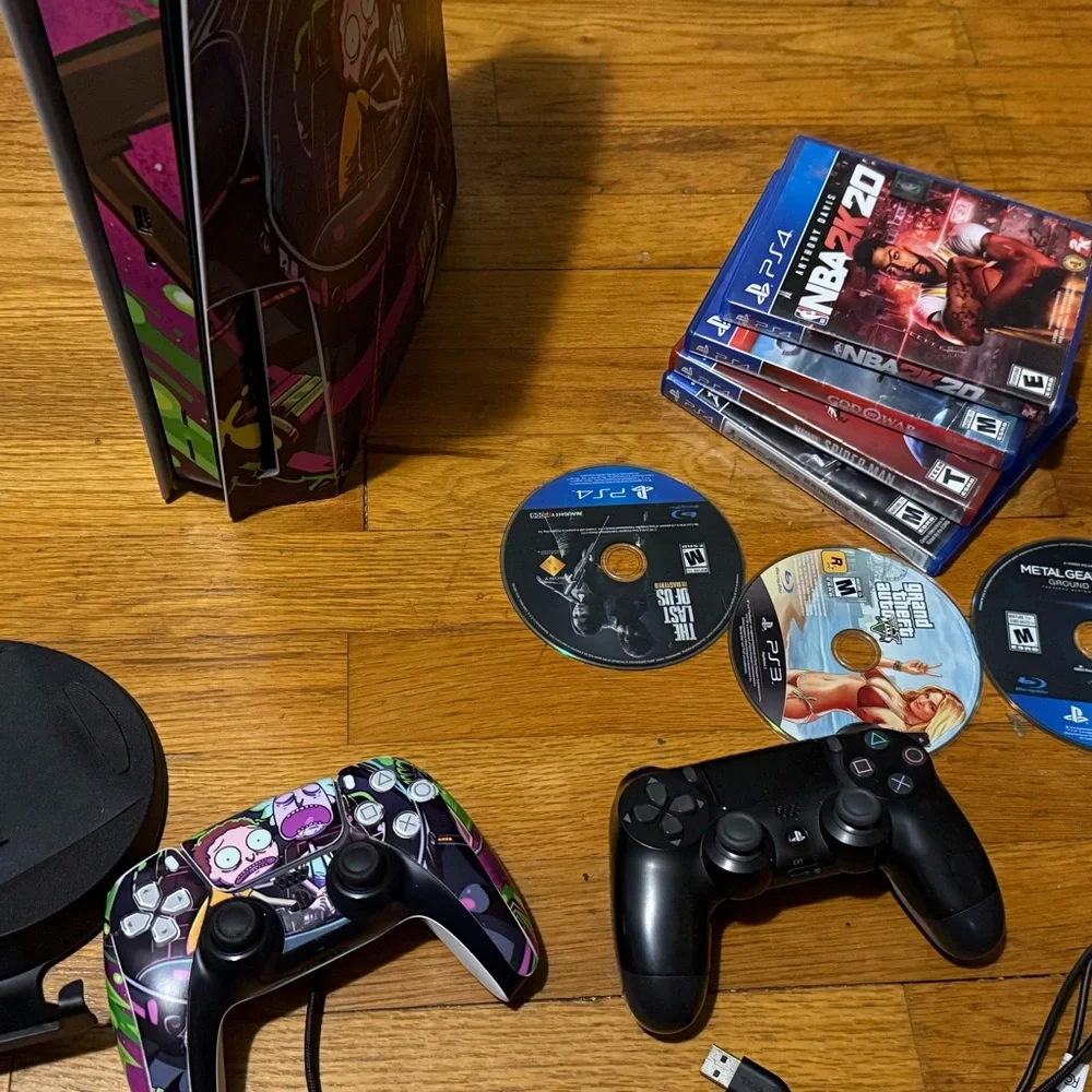 Custom Rick and Morty Sony PlayStation 5 console with compatible ps4 controller.